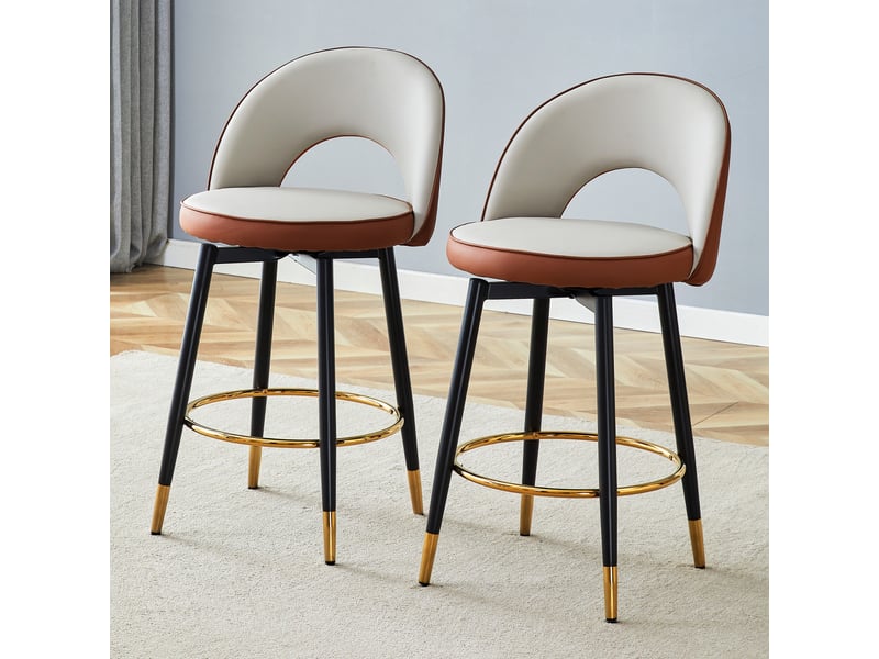  Lot de 2 tabourets de bar 44x47.4x92cm – pivotants à 360° avec dossier ajouré et repose-pieds – similicuir pu - gris clair et marron  - Conforama D