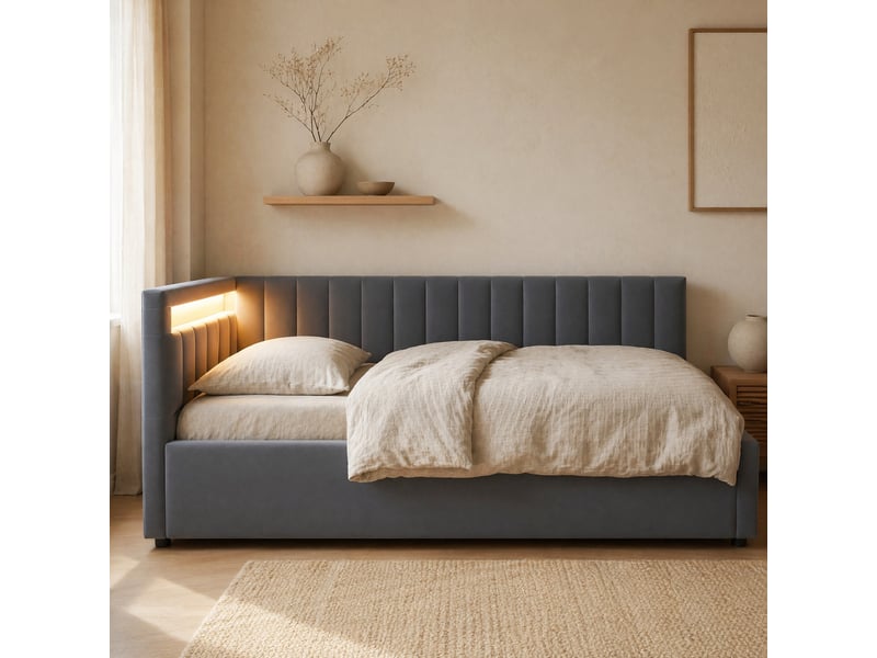  Lit banquette capitonné 90 x 200 cm, éclairage led, rangement hydraulique, sommier à lattes, revêtement en velours, grey  - Conforama B