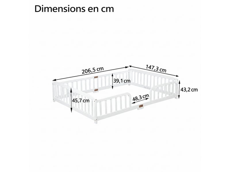  Lit enfant  140x200 cm pin blanc lit enfant au sol avec barrière de sécurité et sommier  - Conforama C