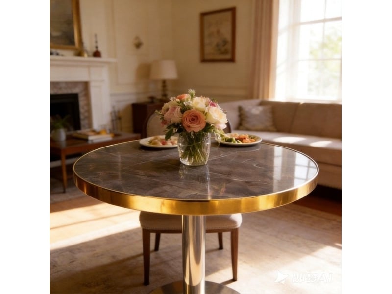  Table basse fixe ronde avec plateau en mdf traité uv effet marbre, cadre doré et pied central stable pour salon, grise  - Conforama C