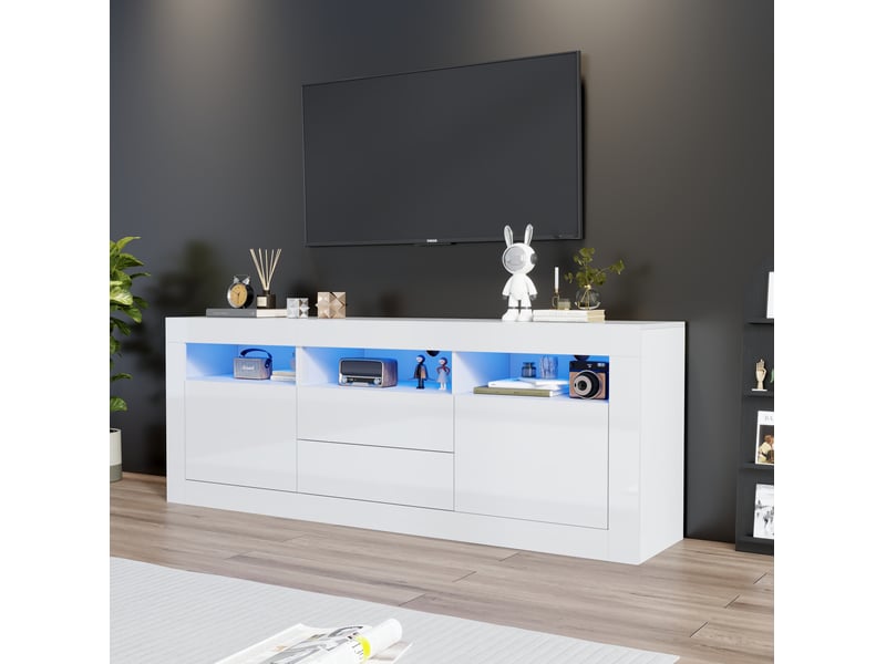  Meuble tv 160x35x60 cm led façade haute brillance panneau de particules blanc  - Conforama C