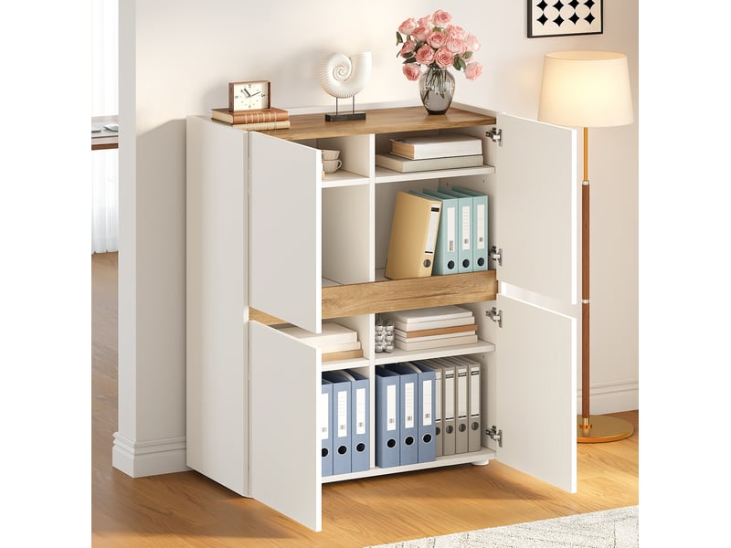  Armoire de rangement 90x40x110 cm blanc et chêne clair, panneau de particules, 4 portes et 8 compartiments  - Conforama B