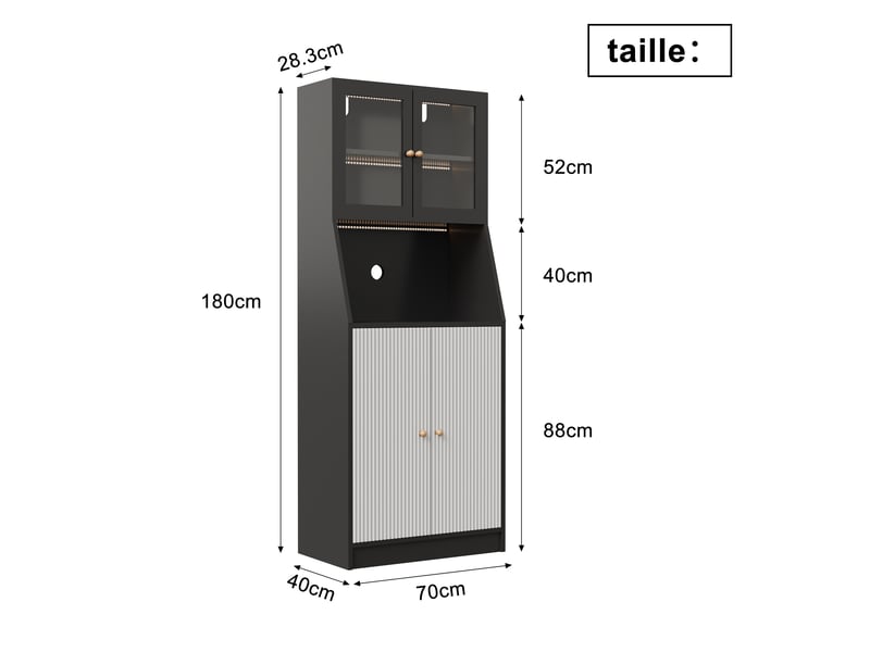  Meuble de rangement buffet vaisselier avec led - 70 x 40 x 180 cm - noir et blanc - étagère vitrine polyvalente avec portes et niches  - Conforama B