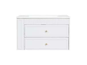 Meuble vasque mural blanc 81 cm avec lavabo céramique, tiroirs et étagère latérale