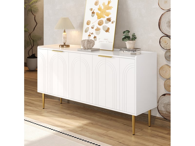  Buffet 140x38x75 cm, design moderne, portes, pieds métal doré, mdf blanc avec étagères réglables, rangement, élégant  - Conforama B
