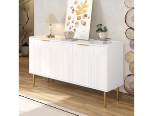 Buffet 140x38x75 cm, design moderne, portes, pieds métal doré, mdf blanc avec étagères réglables, rangement, élégant