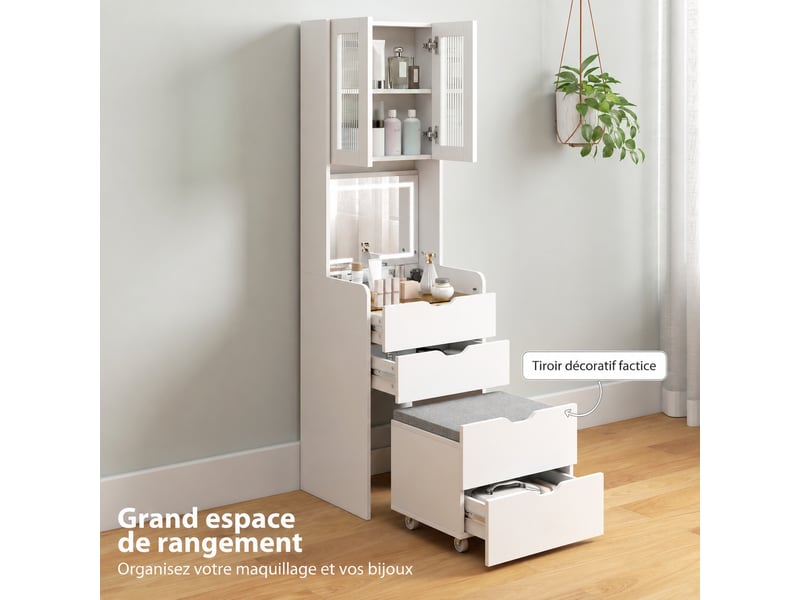  Coiffeuse avec miroir rabattable led 3 teintes, 3 tiroirs et tabouret rembourré, blanche, 50 x 40 x 160 cm  - Conforama C