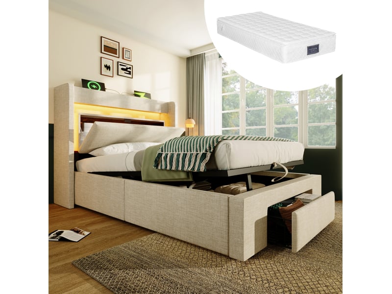 Lit coffre 90x200 cm rangement hydraulique avec tiroir en lin beige - Conforama D