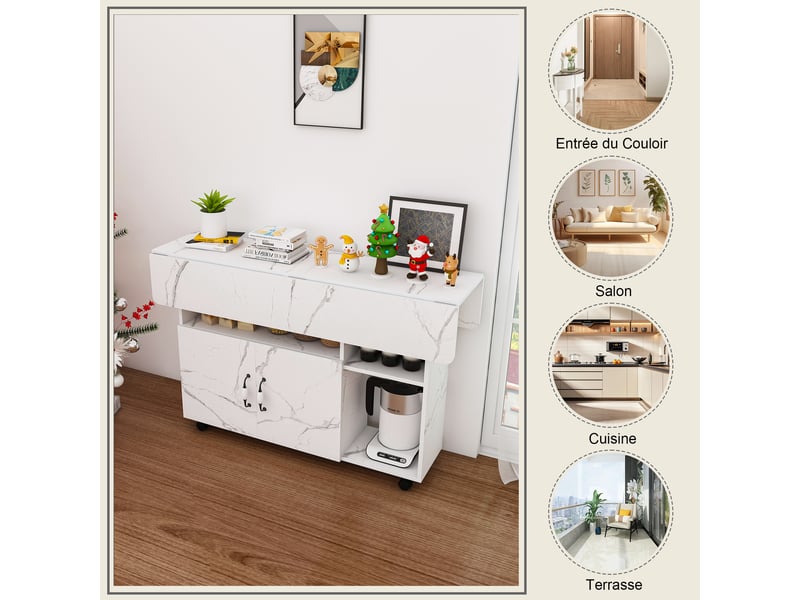  Table à manger pliante mobile,110x70x80 cm,avec rangement,mdf,blanc effet marbre  - Conforama E