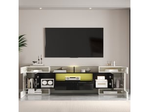 Meuble tv 200 cm – noir + blanc laqué, led app, 6 portes + 2 tiroirs