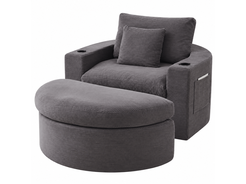  Fauteuil lounge  rond avec repose-pieds - rangement, porte-gobelet et coussins - velours côtelé - gris CozyNest - Conforama A