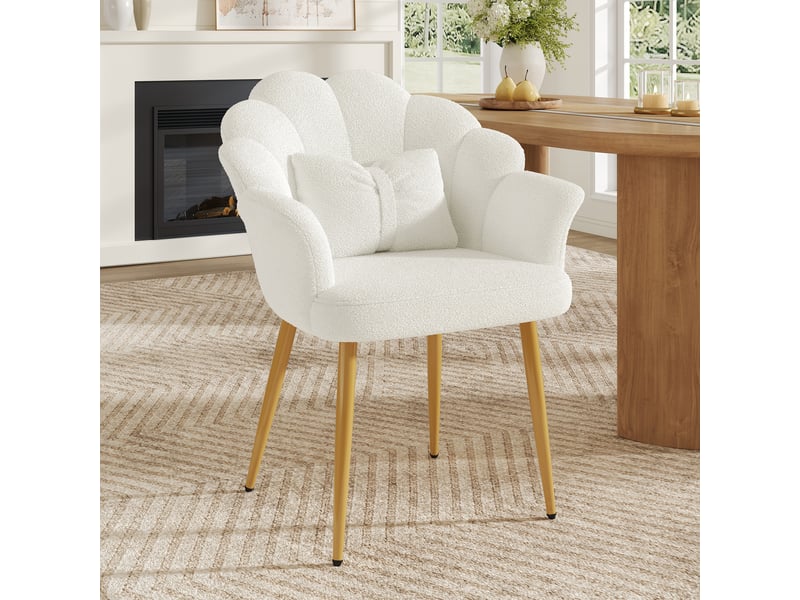  Fauteuil avec coussin fleur, accoudoirs et assise rembourrée en tissu bouclette blanc, 64 × 65,5 × 85 cm  - Conforama B