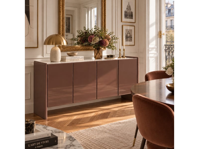 Buffet design 4 portes marron brique laqué 170 cm emeralda - Conforama B