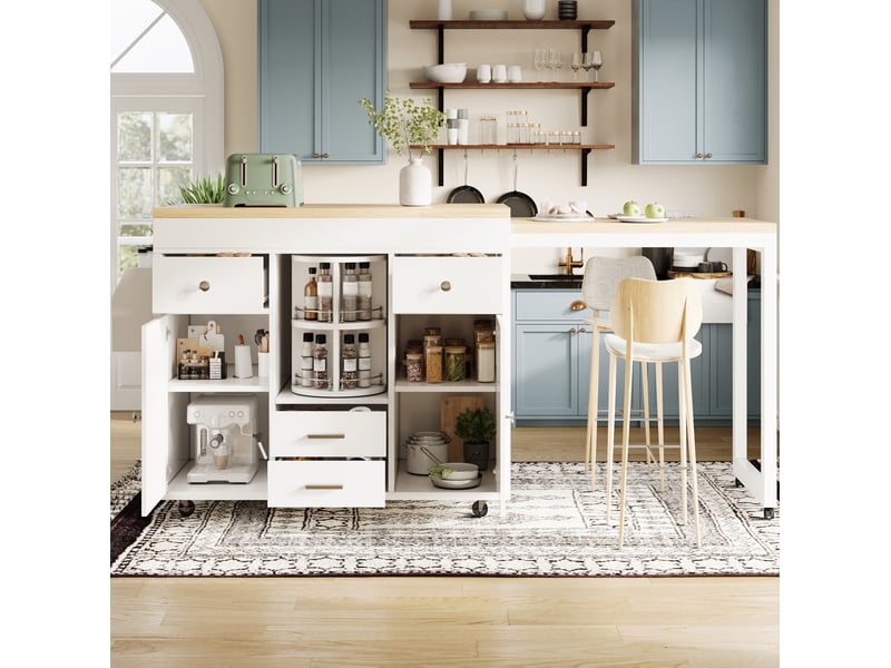  Desserte de cuisine extensible 110-180 cm avec roulettes, mdf blanc et tiroirs  - Conforama B