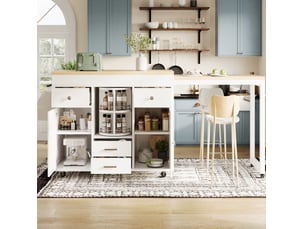 Desserte de cuisine extensible 110-180 cm avec roulettes, mdf blanc et tiroirs