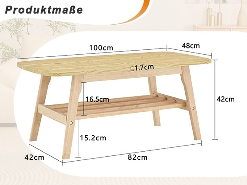  Table basse à 2 niveaux avec grand espace de rangement, style naturel pour salon et bureau, en bois, 100 × 48 × 42 cm  - Conforama E