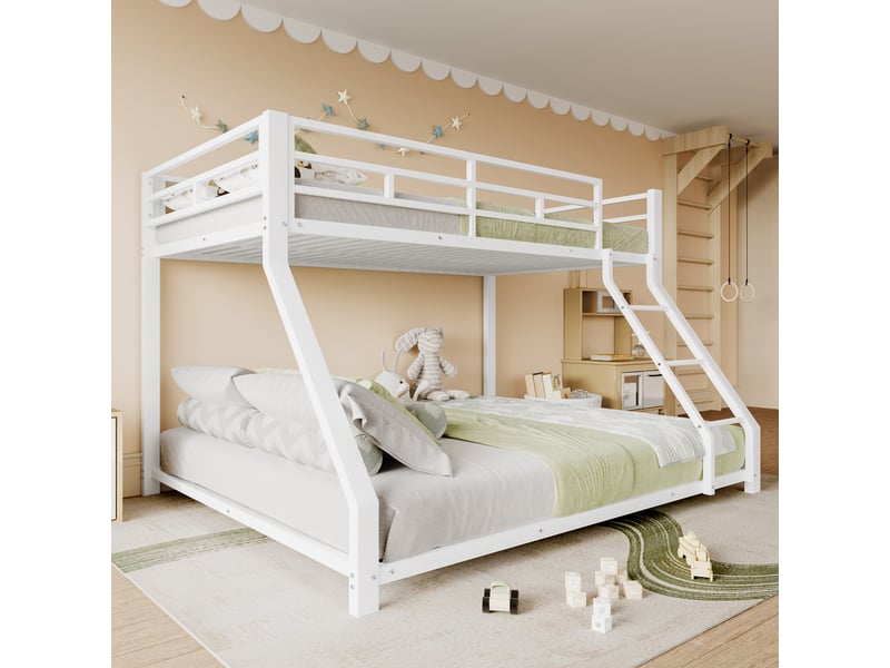  Lit superposé 3 places 90 x 200 et 140 x 200 cm avec garde-corps et échelle, lit double et simple en métal blanc, certifié en747, sans matelas  - Conforama C