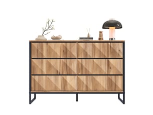 Buffet rangement 6 tiroirs noir bois naturel meuble bas moderne structure métal 120x80cm