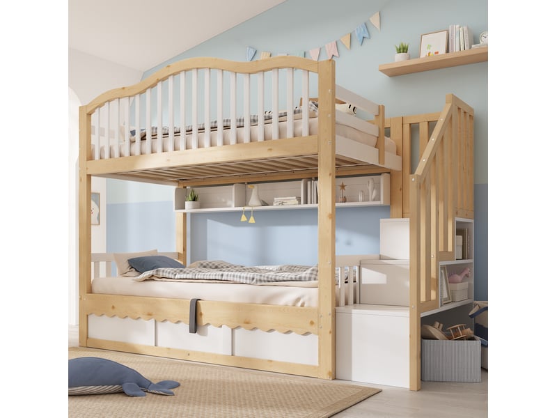  Lit superposé enfant 2 couchages 90x200 cm avec rangement hydraulique, blanc et chêne  - Conforama B