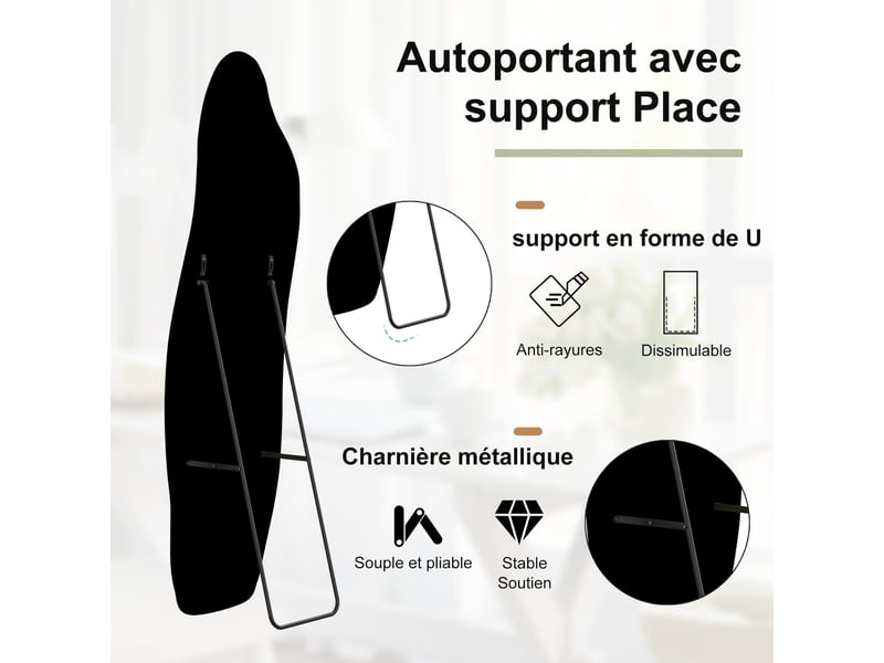  Miroir sur pied irrégulier 140 x 45 cm, miroir sur pied à cadre en alliage d’aluminium, idéal pour chambre, dressing, salon – design moderne, jaune  - Conforama E