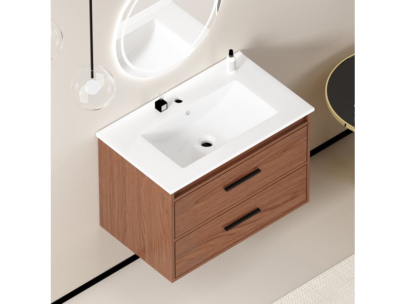  Armoire de salle de bain en mdf rouge brun avec 2 tiroirs coulissants, espace de rangement pour salle de bain, 75 cm  - Conforama D