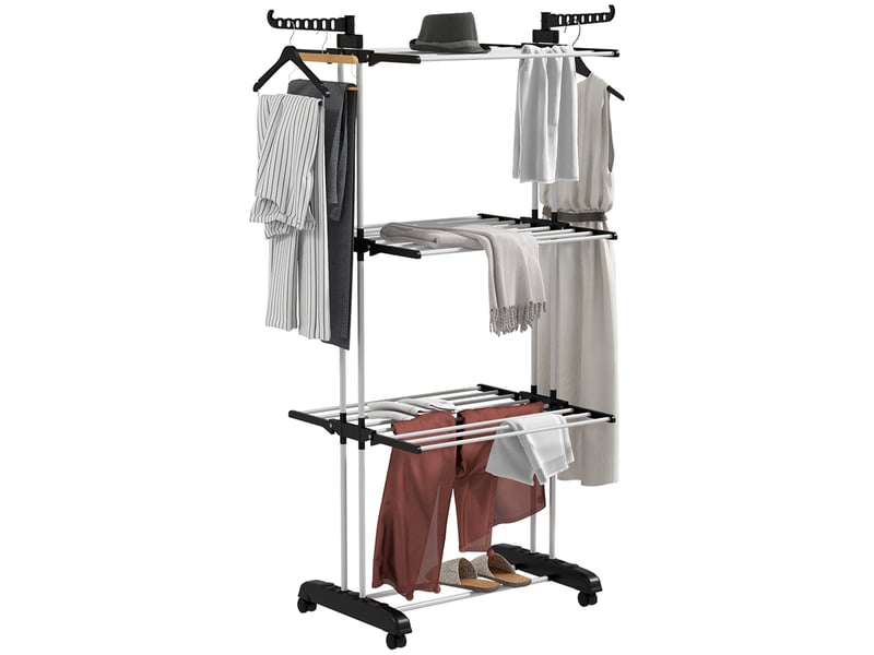 Étendoir à linge pliable à 4 niveaux avec ailettes rotatives et 4 roues, en acier et polypropylène, 73 x 64 x 177 cm, noir - Conforama A