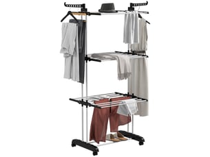 Étendoir à linge pliable à 4 niveaux avec ailettes rotatives et 4 roues, en acier et polypropylène, 73 x 64 x 177 cm, noir