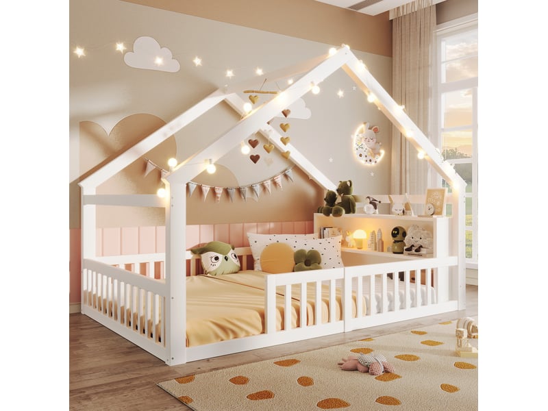 Lit cabane 140x190 cm blanc avec barrières, étagères et perles led - Conforama B