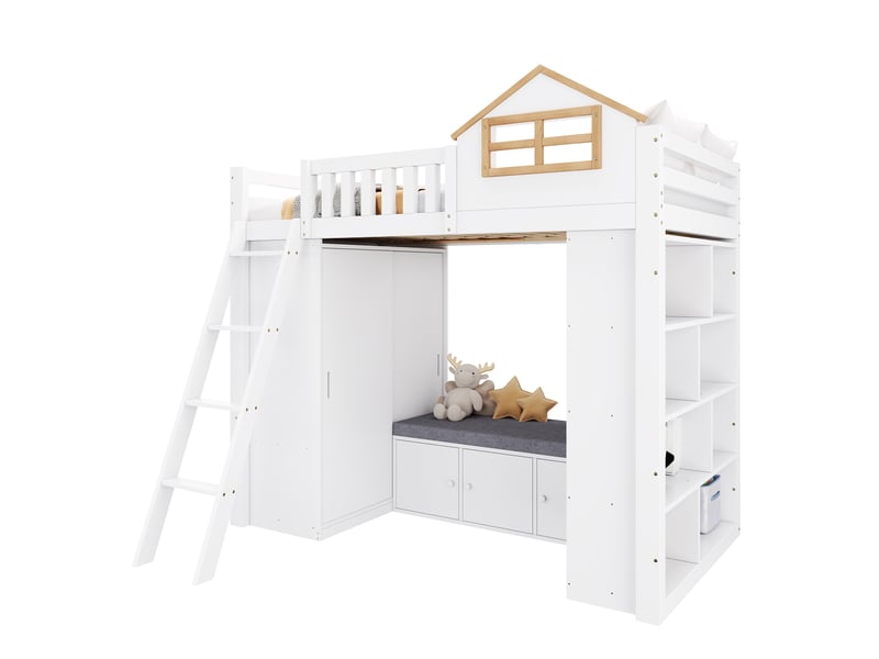  Lit mezzanine enfant 90 × 200 cm 1 place avec armoire, étagères et banquette, sans matelas, en bois blanc et naturel  - Conforama A
