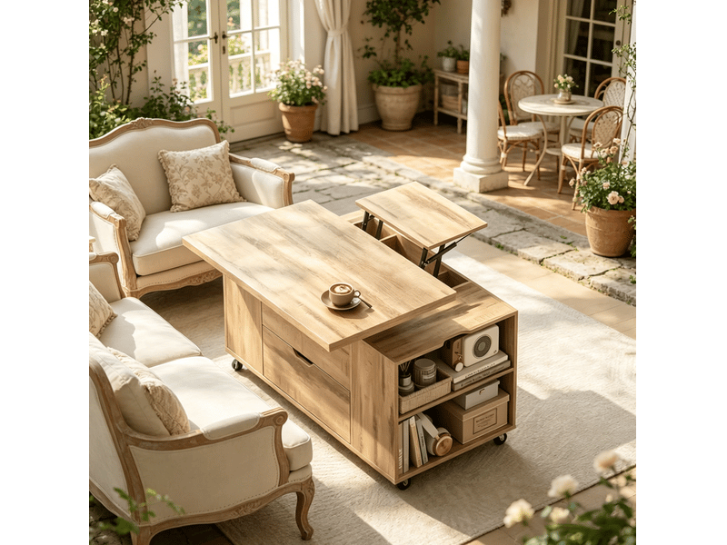 Table basse relevable et extensible sur roulettes, bois et métal, chêne clair - Conforama B