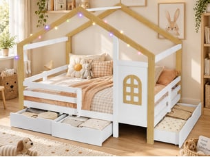 Lit cabane en bois, 120 x 200 cm, blanc et bois naturel, avec motif fenêtre, barrière de sécurité, 3 grands tiroirs et guirlande lumineuse