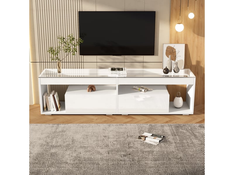  Meuble tv blanc brillant led – écran jusqu’à 70 pouces, 2 tiroirs, meuble bas moderne  - Conforama B