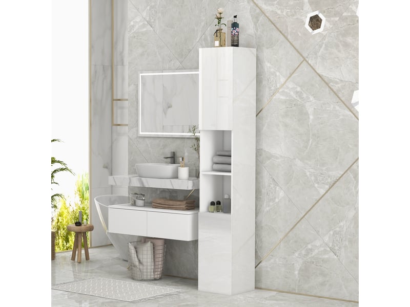  Armoire de salle de bain haute et étroite avec portes et étagères réglables, 30 x 30 x 81,5 cm, blanc brillant  - Conforama C