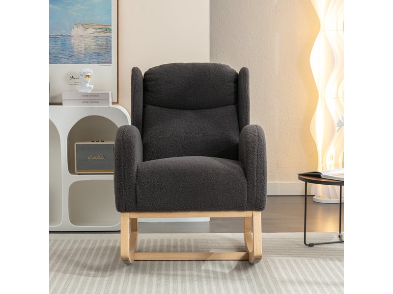  Fauteuil à bascule moderne avec revêtement en tissu effet peluche, dossier à oreilles, assise rembourrée, gris foncé  - Conforama B