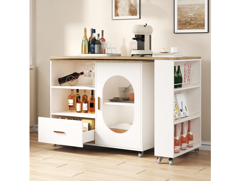 Îlot de cuisine mobile à plateau pivotant 360° 120-180x60x90 cm blanc naturel - Conforama W