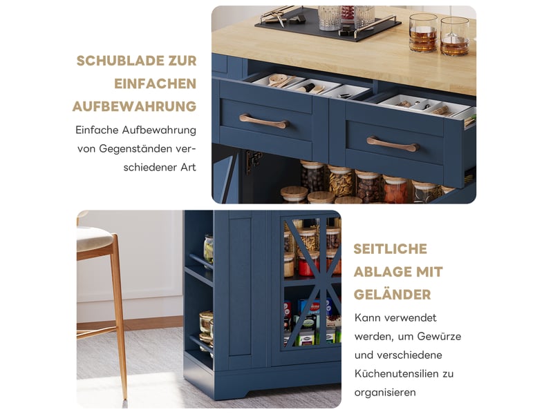  Îlot de cuisine mobile 120 × 4065 × 92 cm en mdf, table rabattable, prises ac et usb, porte vitrée et roulettes freinées  - Conforama D