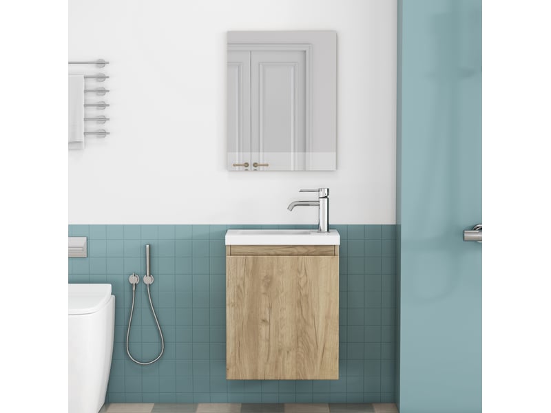 Meuble lavabo mural 40 cm en mdf bois clair avec vasque en céramique et miroir, idéal pour petite salle de bains - Conforama B