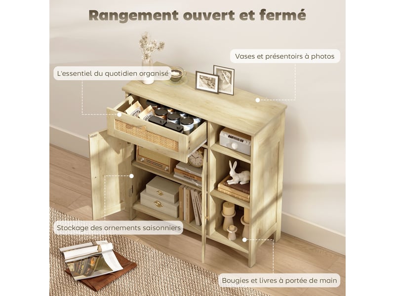  Buffet, meuble de rangement, 2 portes en rotin, tiroir, niches ouvertes, 75x30x79,5cm, étagères réglables, bois naturel  - Conforama A
