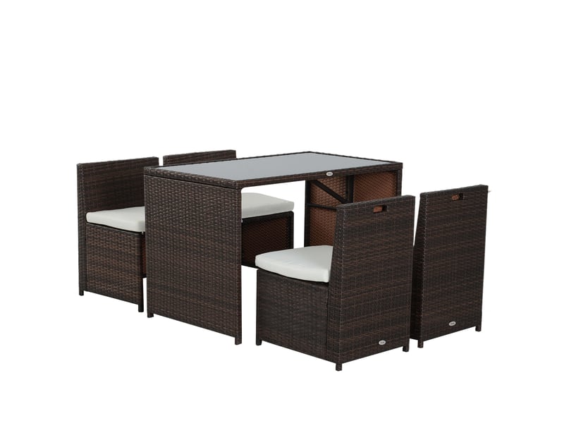  Salon de jardin 5 pièces polyrattan braun khaki avec table 4 chaises coussins terrasse balkon gartenmöbel wetterfest  - Conforama A