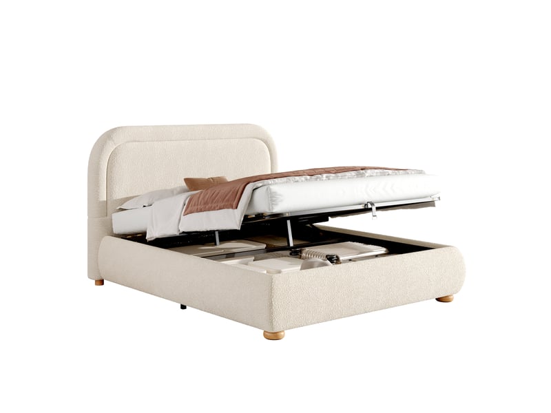  Lit coffre 140x200 double en tissu bouclette beige avec sommier à lattes et rangement hydraulique  - Conforama A