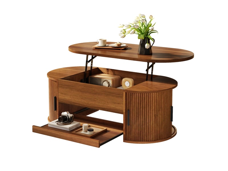  Table basse 110x55x55 cm noyer en mdf, plateau relevable avec rangements dissimulés et portes coulissantes  - Conforama A