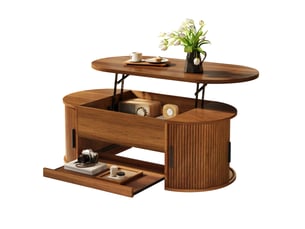 Table basse 110x55x55 cm noyer en mdf, plateau relevable avec rangements dissimulés et portes coulissantes