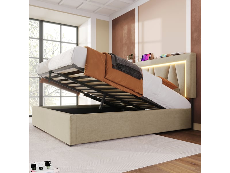  Lit capitonné double 140x200 cm en lin beige, tête ajustable, led, usb-c, coffre intégré et matelas fourni  - Conforama D
