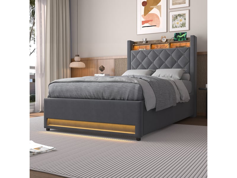  Lit coffre lit simple avec usb et led réglable, couchage 90 x 190 cm, sans matelas, gris  - Conforama C