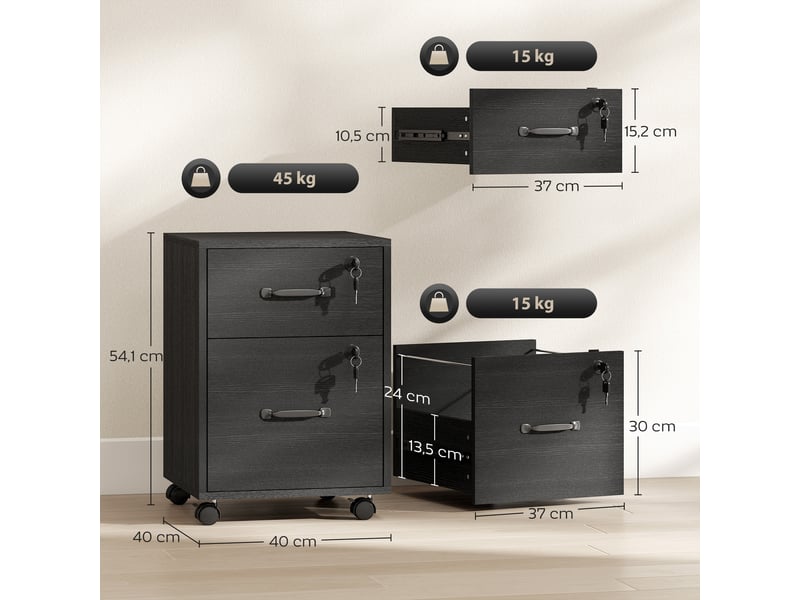  Caisson de bureau mobile à 2 tiroirs sur roulettes noir 40 x 40 x 54,1 cm  - Conforama C