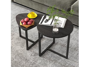 Lot de 2 tables basses gigognes rondes 45x48 cm et 42x40 cm, style industriel, métal, finition bois noir