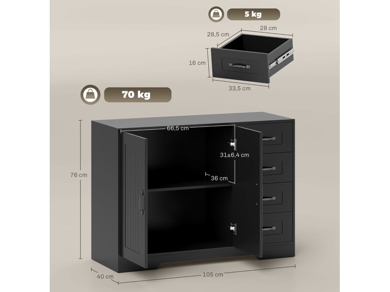 Buffet moderne noir 4 tiroirs et 1 espace de rangement 105 x 40 x 76 cm - Conforama E