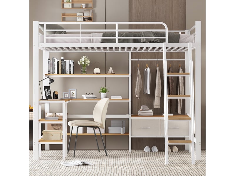 Lit mezzanine 90x200 cm avec bureau, lit surélevé pour chambre d'enfant avec étagère et 2 bacs de rangement, métal et mdf avec échelle inclinée, blanc - Conforama C