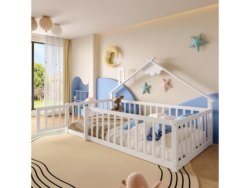  Lit enfant en bois de pin - 90x190 cm - blanc - garde-corps avec serrure - design maison - facile à assembler CYQ-N636P300625K - Conforama W