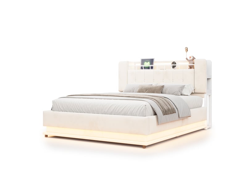Lit coffre adulte,160x200 cm,avec led, usb et rangement,velours,beige - Conforama A